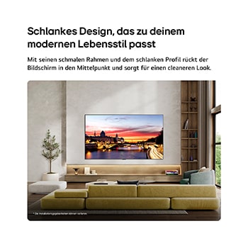 Der LG OLED evo AI C6, wandmontiert in einem stilvollen Wohnraum, bietet ein schlankes Design mit schmalen Rändern. Auf dem Bildschirm ist eine Stadtlandschaft am Fluss bei Sonnenuntergang zu sehen. 