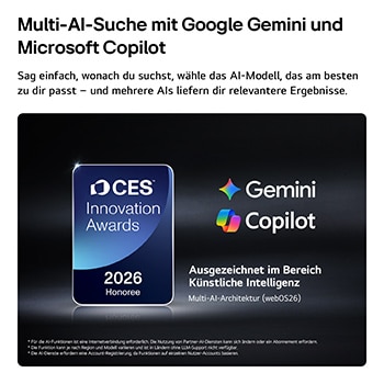 Der alpha 11 Gen3 4K AI-Prozessor des LG OLED evo C6 AI TV erstrahlt in violettem und blauem Licht auf einer dunklen Leiterplatte. Hervorgehoben ist die Dual AI Engine. Sie bietet eine bis zu 5,6-mal schnellere NPU, eine um 50 % schnellere CPU und eine um 70 % stärkere GPU-Leistung.