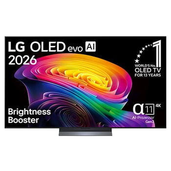 Die Vorderansicht des LG OLED evo AI C6. Auf dem Bildschirm ist ein lebhafter, plastischer Wirbel aus geschichteten Regenbogentönen zu sehen.
