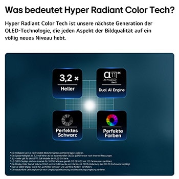 Der LG OLED evo AI C6 mit Hyper Radiant Color Tech für perfektes Schwarz und perfekte Farben, einem 3,2-mal hellerem Display und alpha 11 Gen3 4K AI-Prozessor mit Dual AI Engine.
