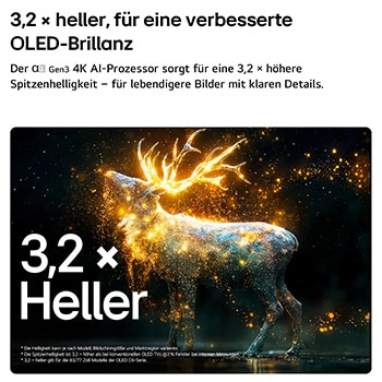 Der LG OLED evo AI C6 mit Brightness Booster Pro zeigt eine dunkle Szene, in der leuchtende Partikel eine Hirschsilhouette umgeben, und liefert eine bis zu 3,2-mal höhere Spitzenhelligkeit mit höherer Leuchtkraft und klareren Details.