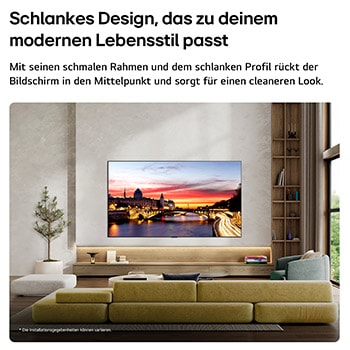 Der LG OLED evo AI C6, wandmontiert in einem stilvollen Wohnraum, bietet ein schlankes Design mit schmalen Rändern. Auf dem Bildschirm ist eine Stadtlandschaft am Fluss bei Sonnenuntergang zu sehen. 