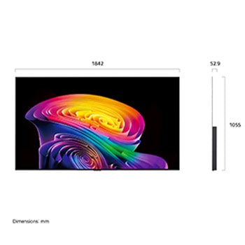 Der LG OLED evo AI C6, gezeigt in Vorder- und Seitenansicht, verfügt über ein 83-Zoll-Display mit einer Bildschirmbreite von 1842 mm, einer Gesamthöhe von 1055 mm und einer ultraschlanken Tiefe von 52,9 mm ohne Standfuß.