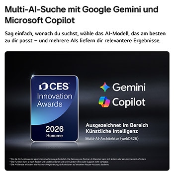 Das Emblem „CES Innovation Awards Honoree 2026“ in der Kategorie „Künstliche Intelligenz“ würdigt Multi AI Search mit Google Gemini und Microsoft Copilot.