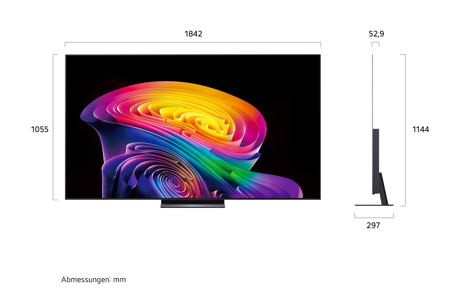 Der LG OLED evo AI C6, gezeigt in Vorder- und Seitenansicht, verfügt über ein 83-Zoll-Display mit einer Bildschirmbreite von 1842 mm, einer Gesamthöhe von 1055 mm und einer ultraschlanken Tiefe von 52,9 mm ohne Standfuß.