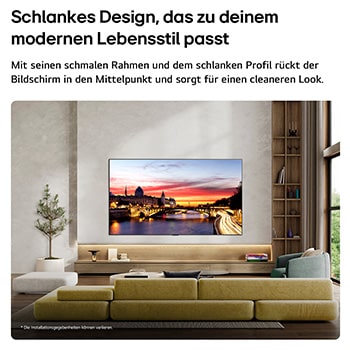 Der LG OLED evo AI C6, wandmontiert in einem stilvollen Wohnraum, bietet ein schlankes Design mit schmalen Rändern. Auf dem Bildschirm ist eine Stadtlandschaft am Fluss bei Sonnenuntergang zu sehen. 