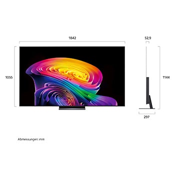 Der LG OLED evo AI C6, gezeigt in Vorder- und Seitenansicht, verfügt über ein 83-Zoll-Display mit einer Bildschirmbreite von 1842 mm, einer Gesamthöhe von 1055 mm und einer ultraschlanken Tiefe von 52,9 mm ohne Standfuß.