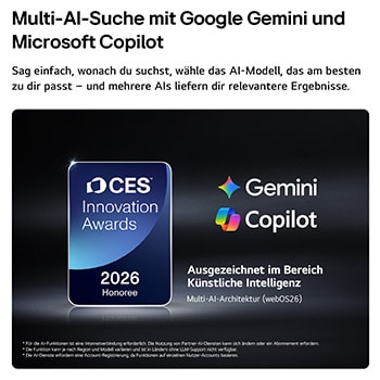Das Emblem „CES Innovation Awards Honoree 2026“ in der Kategorie „Künstliche Intelligenz“ würdigt Multi AI Search mit Google Gemini und Microsoft Copilot.
