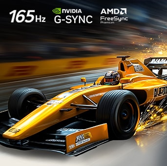 Der LG OLED evo AI G6 für unschlagbares Gameplay in 4K 165 Hz zeigt ein Highspeed-Rennspiel mit einem gelben offenen Rennwagen in Bewegung sowie NVIDIA G-SYNC- und AMD FreeSync Premium-Logos oben auf dem Bildschirm.