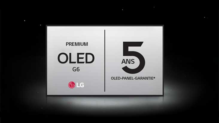 Das Logo für die 5-jährige beschränkte Garantie auf das Panel für das Premium-Model OLED G6 wird auf einem dunklen Hintergrund dargestellt.