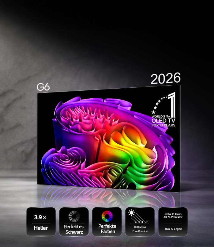 Der LG OLED evo AI G6, powered by Hyper Radiant Color Tech, zeigt ein lebendiges abstraktes Papierkunstbild auf dem Bildschirm mit Symbolen für eine 3,9-mal hellere Spitzenhelligkeit, perfektes Schwarz, perfekte Farben, alpha 11 Gen3 4K AI-Prozessor Dual AI Engine und Reflection Free Premium.