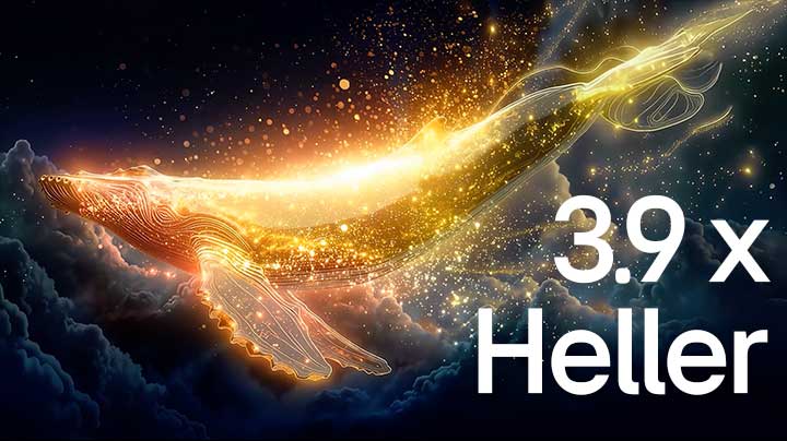 Der LG OLED evo AI G6 mit Brightness Booster Ultra zeigt eine dunkle Szene, in der leuchtende Partikel eine Walsilhouette umgeben, und liefert eine bis zu 3,9-mal höhere Spitzenhelligkeit mit höherer Leuchtkraft und klareren Details.