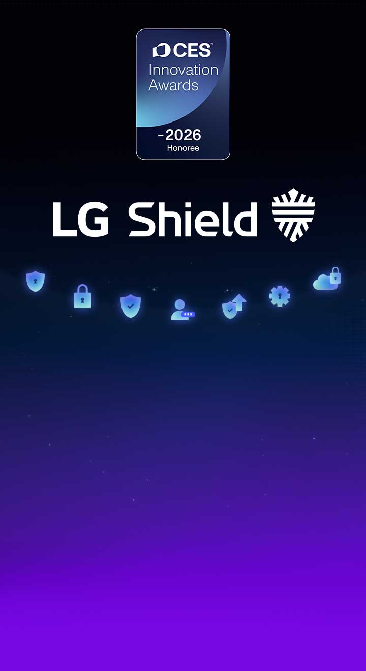 Das LG Shield-Emblem wird auf einem dunklen Hintergrund mit Sicherheitssymbolen angezeigt, die den webOS-Schutz für Datenschutz, Datensicherheit und Systemintegrität hervorheben. Ein Honoree-Emblem der CES Innovation Awards 2026 wird ebenfalls gezeigt.