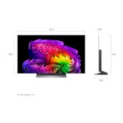 Der LG OLED evo AI G6, der in Vorder- und Seitenansicht gezeigt wird, verfügt über ein 97-Zoll-Display mit einer Bildschirmbreite von 2155 mm, einer Gesamthöhe von 1230 mm und einer ultraschlanken Tiefe von 28,2 mm ohne Standfuß.