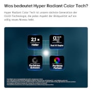 Der LG OLED evo AI G6 mit Brightness Booster zeigt eine dunkle Szene, in der ein prächtig beleuchteter Pfau sein strahlendes, leuchtendes Gefieder entfaltet, und liefert hellere Highlights mit verbesserten Details und beeindruckendem Kontrast.