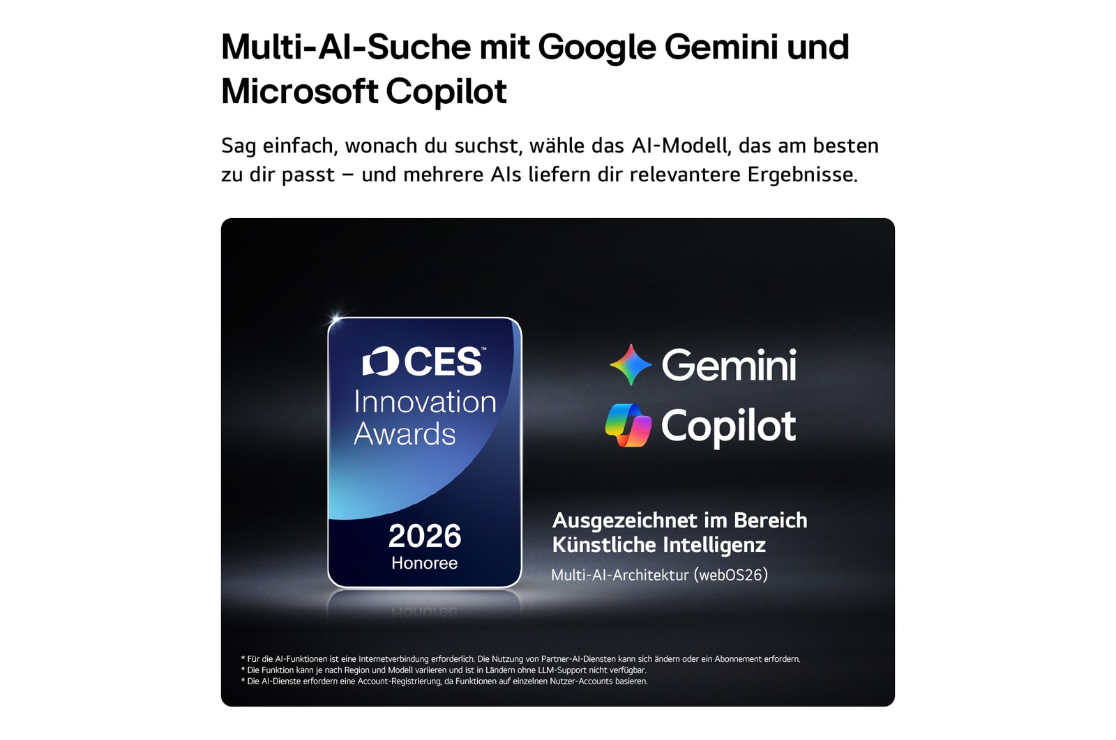 Der LG OLED evo AI G6 bietet einen AI Hub für mehr Personalisierung, mit einem AI-Symbol über einer Fernbedienung, umgeben von Labels für Multi AI Search, AI Concierge, AI Voice ID mit My Page, AI Chatbot, AI Picture Wizard und AI Sound Wizard.