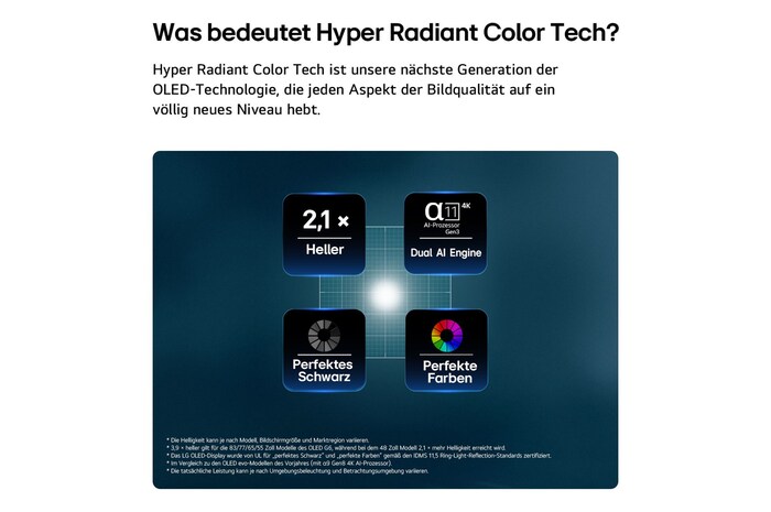 Der LG OLED evo AI G6, gezeigt in Vorder- und Seitenansicht, verfügt über ein 48-Zoll-Display mit einer Bildschirmbreite von 1071 mm, einer Bildschirmhöhe von 620 mm, einer Höhe von 675 mm mit Standfuß, einer Tiefe von 46,9 mm und einer Standfläche von 470 x 230 mm.