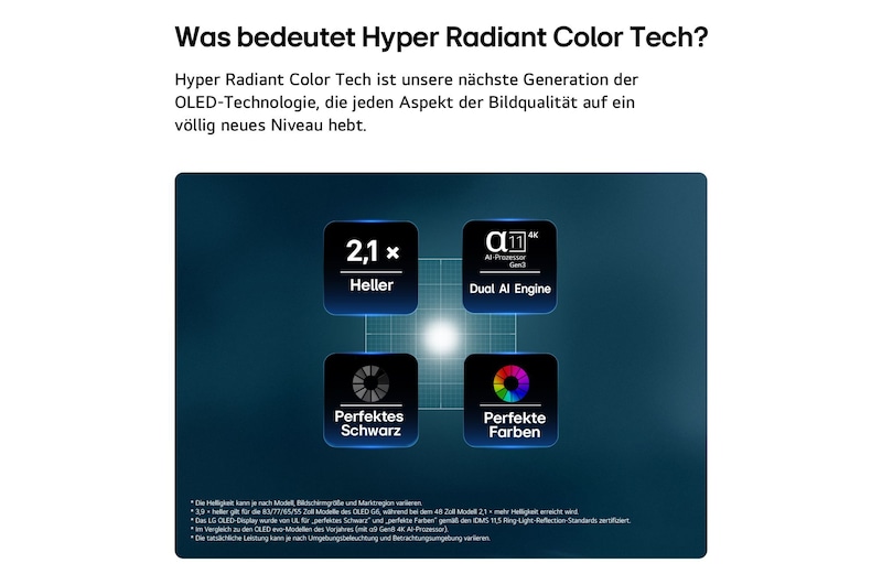 Der LG OLED evo AI G6, gezeigt in Vorder- und Seitenansicht, verfügt über ein 48-Zoll-Display mit einer Bildschirmbreite von 1071 mm, einer Bildschirmhöhe von 620 mm, einer Höhe von 675 mm mit Standfuß, einer Tiefe von 46,9 mm und einer Standfläche von 470 x 230 mm.