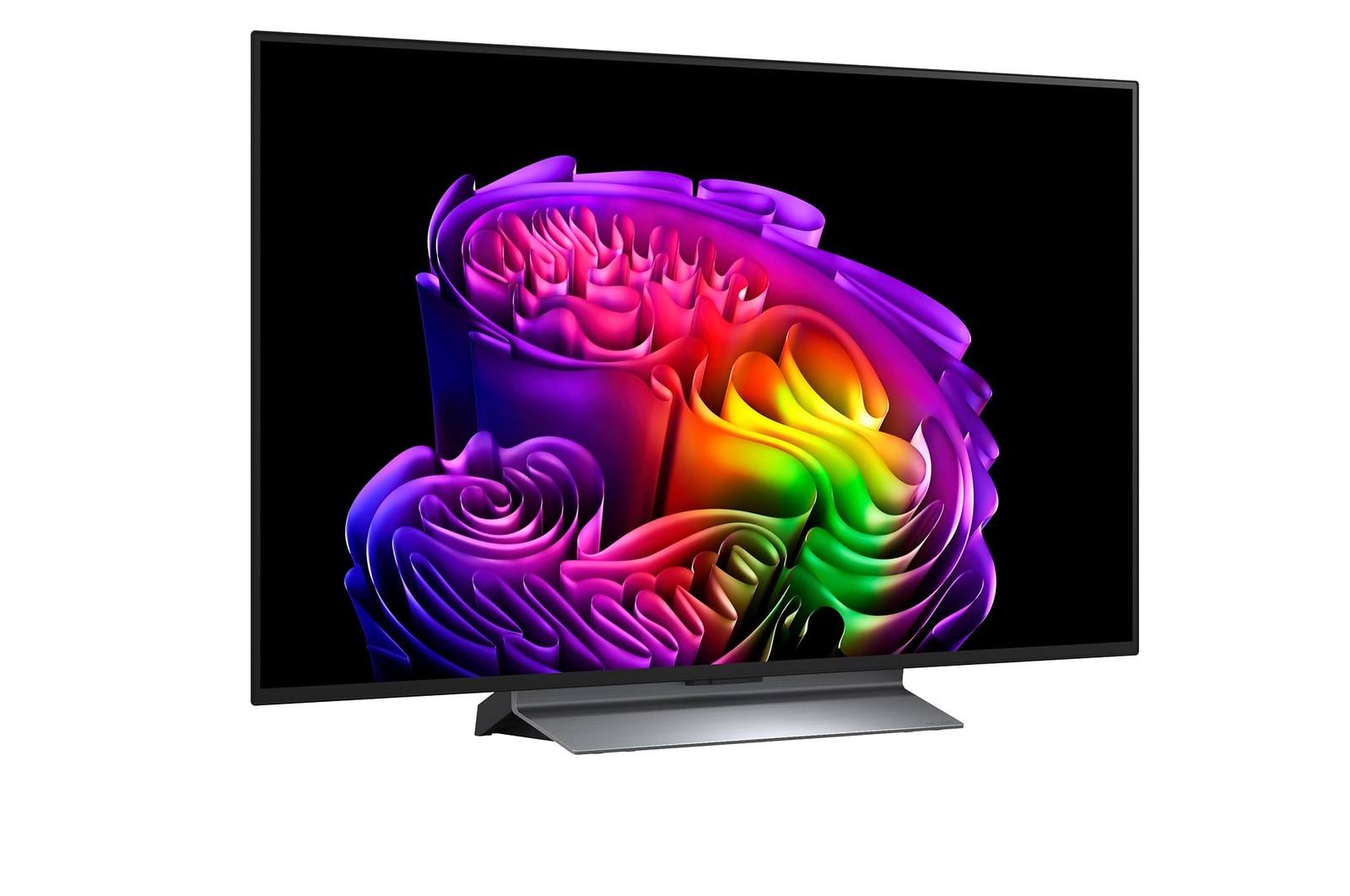 Der LG OLED evo AI G6 zeigt eine lebendige Sonnenuntergangsszene über dem Ozean, mit einer Soundbar und einem Lautsprecher unter dem Bildschirm, die einen ruhigen und stimmungsvollen Wohnbereich aufwerten.