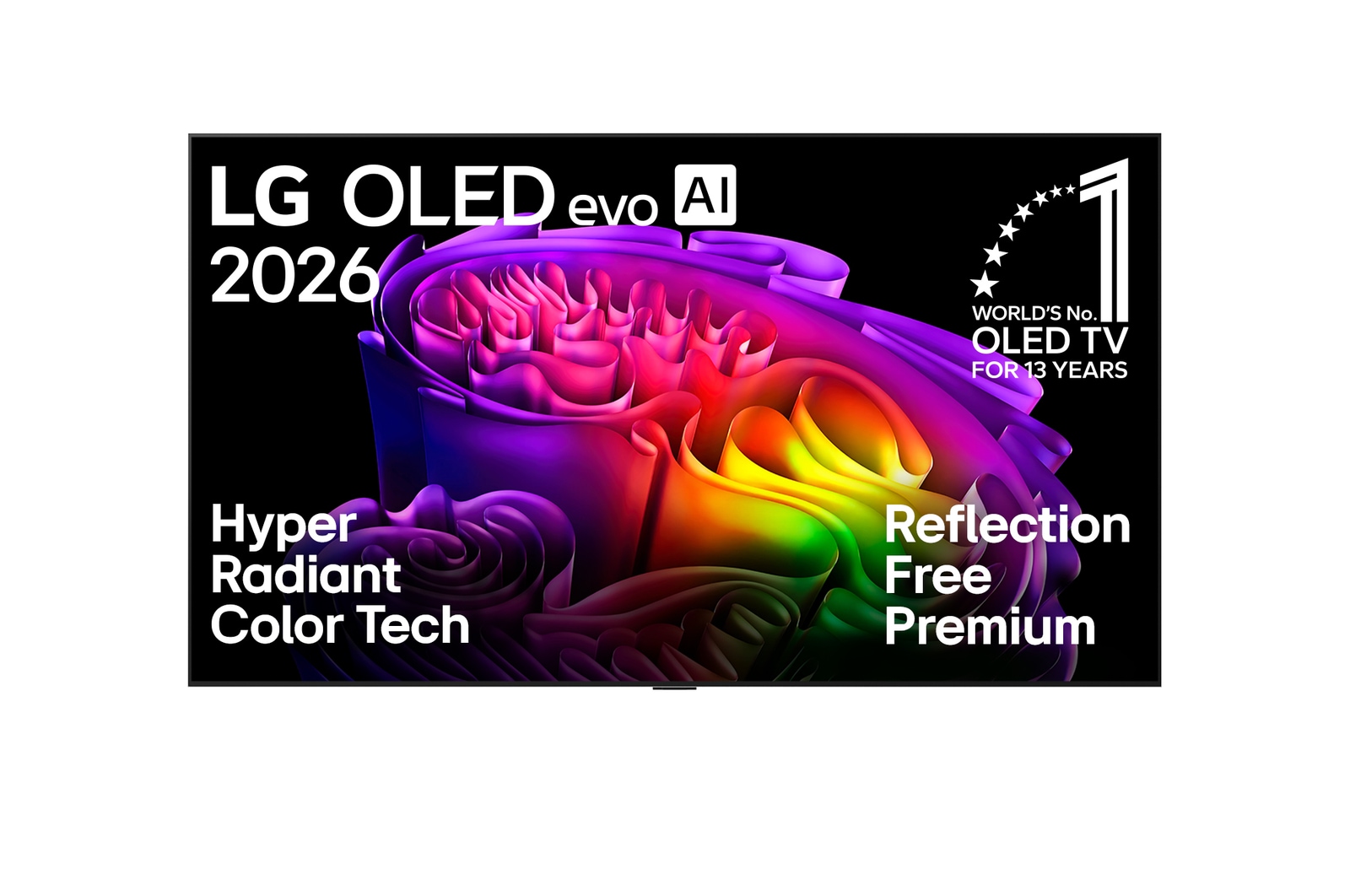 Die Vorderansicht des LG OLED evo AI G6 mit bunten Formen mit Hyper Radiant Color Tech, perfektem Schwarz und perfekter Farbe sowie dem Emblem „World's No. 1 OLED TV for 13 years“.