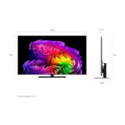 Der LG OLED evo AI G6, der in Vorder- und Seitenansicht gezeigt wird, verfügt über ein 97-Zoll-Display mit einer Bildschirmbreite von 2155 mm, einer Gesamthöhe von 1230 mm und einer ultraschlanken Tiefe von 28,2 mm ohne Standfuß.