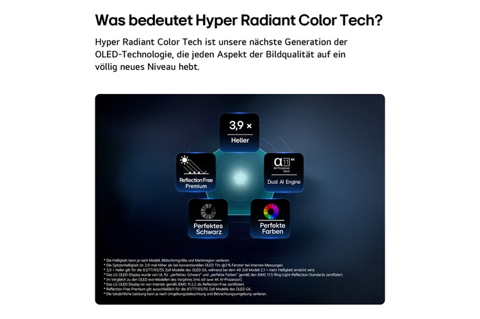 Der LG OLED evo AI G6 mit Brightness Booster zeigt eine dunkle Szene, in der ein prächtig beleuchteter Pfau sein strahlendes, leuchtendes Gefieder entfaltet, und liefert hellere Highlights mit verbesserten Details und beeindruckendem Kontrast.