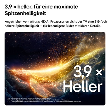 Der LG OLED evo AI G6, ausgestattet mit Hyper Radiant Color Tech, bietet eine 3,9-mal hellere Bilddarstellung dank alpha 11 Gen3 4K AI-Prozessor mit Dual AI Engine, Reflection Free Premium sowie den Emblemen „Perfektes Schwarz“ und „Perfekte Farbe“ in einem fünfeckigen Layout.