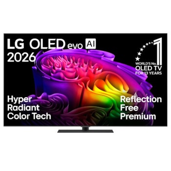 Die Vorderansicht des LG OLED evo AI G6 mit einem lebendigen, plastischen Bild aus vielschichtigen, bunten Formen, das den Bildschirm ausfüllt.
