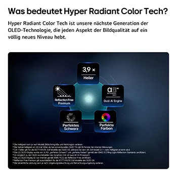 Der LG OLED evo AI G6, gezeigt in Vorder- und Seitenansicht, verfügt über ein 65-Zoll-Display mit einer Bildschirmbreite von 1441 mm, einer Bildschirmhöhe von 826 mm, einer Höhe von 910 mm mit Standfuß, einer Tiefe von 24,3 mm und einer Standfläche von 485 x 263 mm.