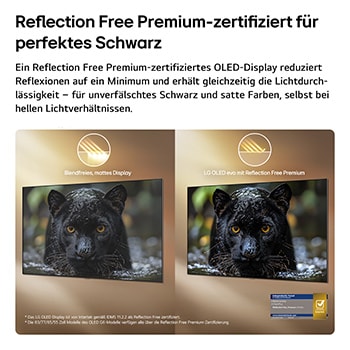 Der LG OLED evo AI G6 zeigt einen geteilten Bildschirm mit Planeten und Sternen und einer Gegenüberstellung eines matten Displays mit Anti-glare und der Anzeige mit perfektem Schwarz und perfekten Farben, die bei jedem Licht eine klarere Bildqualität bietet. Unterstützt wird sie durch UL-Zertifizierung und Intertek-Zertifizierungen für Farbgenauigkeit und Reflexionsfreiheit.