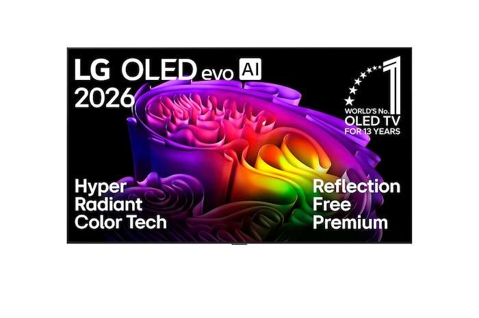 Die Vorderansicht des LG OLED evo AI G6 mit bunten Formen mit Hyper Radiant Color Tech, perfektem Schwarz und perfekter Farbe sowie dem Emblem „World's No. 1 OLED TV for 13 years“.