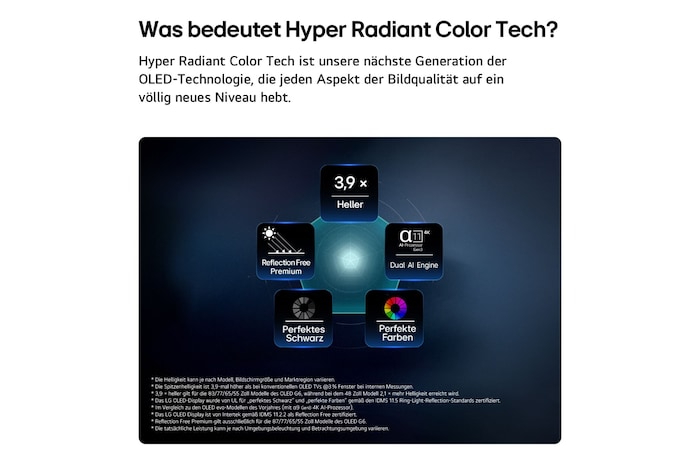 Der LG OLED evo AI G6 mit Brightness Booster zeigt eine dunkle Szene, in der ein prächtig beleuchteter Pfau sein strahlendes, leuchtendes Gefieder entfaltet, und liefert hellere Highlights mit verbesserten Details und beeindruckendem Kontrast.
