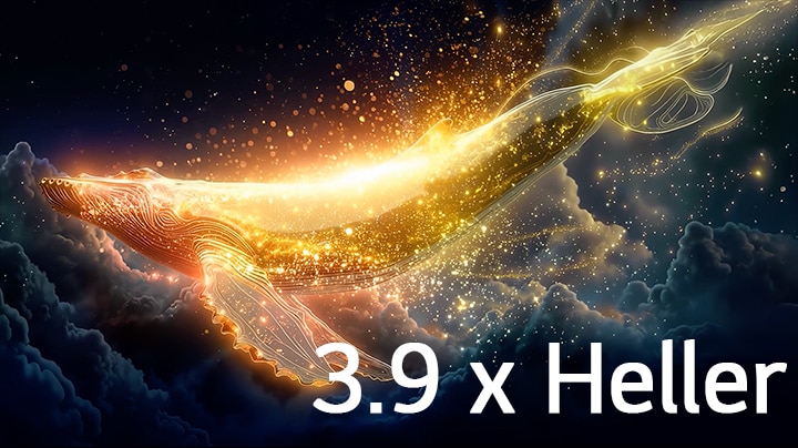 Der LG OLED evo AI W6 Wallpaper TV mit Brightness Booster Ultra zeigt eine dunkle Szene, in der leuchtende Partikel eine Walsilhouette umgeben, und liefert eine bis zu 3,9 x höhere Spitzenhelligkeit mit höherer Leuchtkraft und klareren Details.