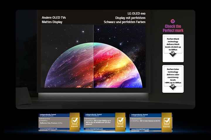 Der LG OLED evo AI W6 Wallpaper TV zeigt einen geteilten Bildschirm mit Planeten und Sternen und einer Gegenüberstellung eines matten Displays mit Anti-glare und der Anzeige mit perfektem Schwarz und perfekten Farben, die bei jedem Licht eine klarere Bildqualität bietet. Unterstützt wird sie durch UL-Zertifizierung und Intertek-Zertifizierungen für Farbgenauigkeit und Reflexionsfreiheit.