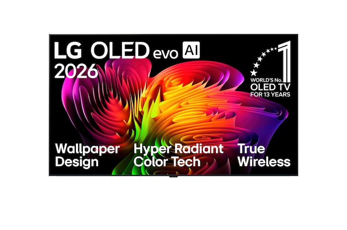 Die Vorderansicht des LG OLED evo AI W6 Wallpaper TV zeigt eine dynamische wellenartige Komposition auf dem Bildschirm, die das Wallpaper Design, die True Wireless-Technologie, Hyper Radiant Color Tech sowie das Emblem „Seit 13 Jahren die weltweite Nr. 1 unter den OLED TVs“ präsentiert.
