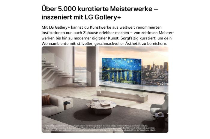 Der LG OLED evo AI W6 Wallpaper TV mit vielfältigen Kunstinhalten aus LG Gallery+ zeigt Vincent van Goghs „Sternennacht“ auf dem Bildschirm in einem Wohnzimmer mit raumhohen Fenstern und wertet das Interieur mit kuratierten Kunstwerken im Galerie-Stil auf.