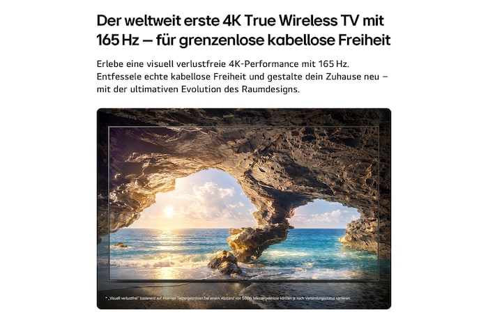 Der LG OLED evo AI W6 Wallpaper TV mit "Visually Lossless Performance" zeigt eine sonnendurchflutete Meereshöhle in 4K 165Hz und bewahrt feine Details, natürliche Farben und sanfte Bewegung - und das völlig kabellos.