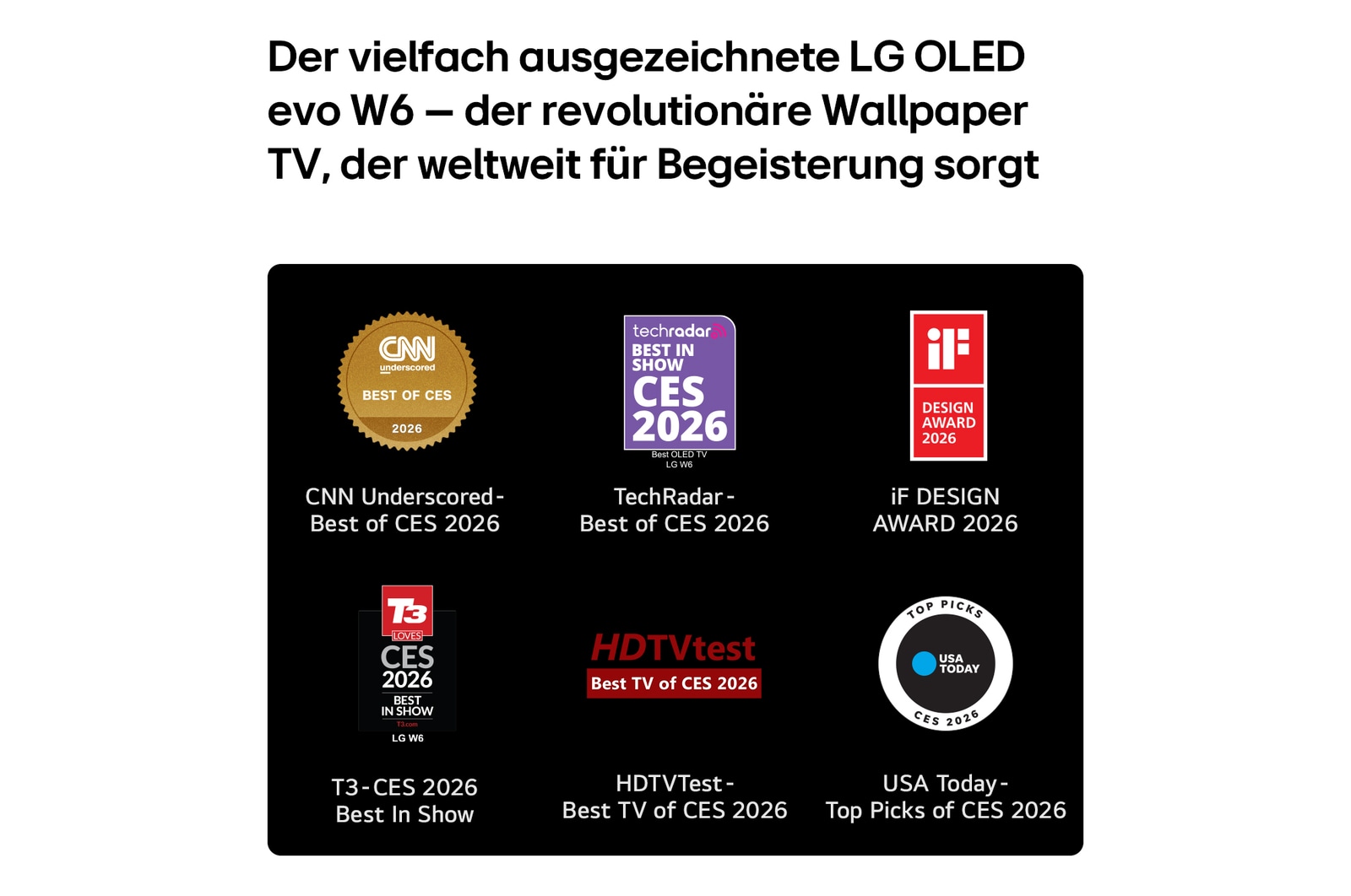 Der LG OLED evo AI W6 Wallpaper TV unterstreicht seine branchenweite Anerkennung mit Logos von Auszeichnungen von CNN Underscored, TechRadar, iF Design Award, T3, HDTV Test und USA Today auf dem Bildschirm – eine Bekräftigung seiner weltweiten Anerkennung und Führungsrolle auf der CES 2026.