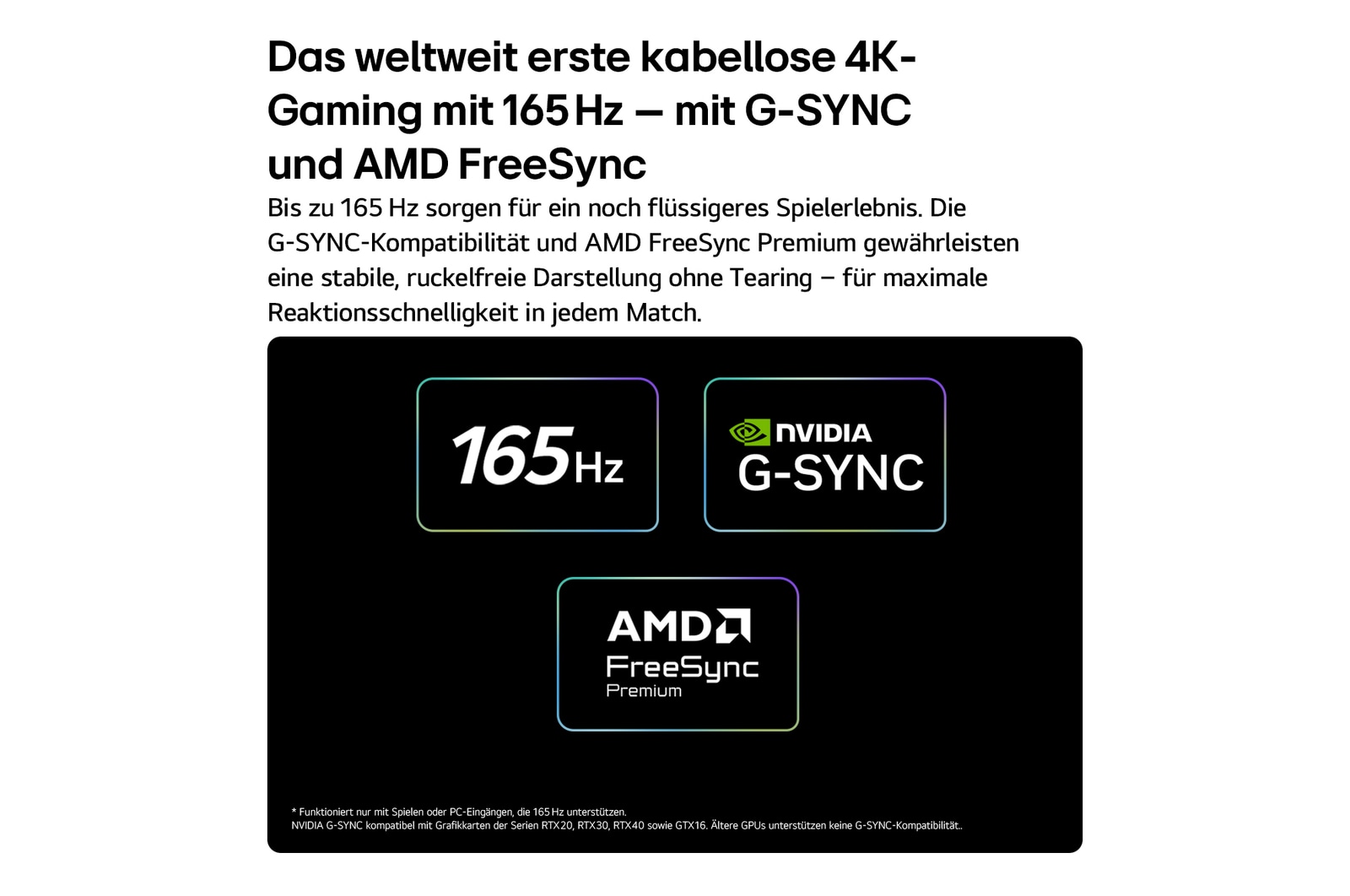 Der LG OLED evo AI W6 Wallpaper TV für unschlagbares Gameplay in 4K 165 Hz zeigt ein Highspeed-Rennspiel mit einem gelben offenen Rennwagen in Bewegung, einen auffälligen „WIN“-Schriftzug auf dem Bildschirm sowie NVIDIA G-SYNC- und AMD FreeSync Premium-Logos oben auf dem Bildschirm.