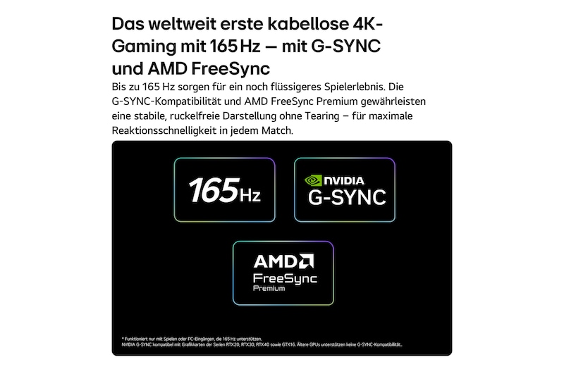 Der LG OLED evo AI W6 Wallpaper TV für unschlagbares Gameplay in 4K 165 Hz zeigt ein Highspeed-Rennspiel mit einem gelben offenen Rennwagen in Bewegung, einen auffälligen „WIN“-Schriftzug auf dem Bildschirm sowie NVIDIA G-SYNC- und AMD FreeSync Premium-Logos oben auf dem Bildschirm.