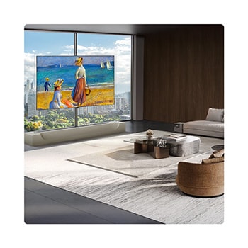 Der LG OLED evo AI W6 Wallpaper TV besticht durch sein nur 9,9 mm ultraflaches Wallpaper Design, das sich nahtlos vor einem Panoramafenster einfügt und ein lebhaftes Stadtbild bei Sonnenuntergang zeigt, dessen leuchtende Farben und gestochen scharfe Details das moderne Wohnzimmer aufwerten.