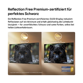 Der LG OLED evo AI W6 Wallpaper TV mit Reflection Free Premium wird im direkten Vergleich mit einem blendfreien, matten Display gezeigt. Dabei bleibt das Bild des schwarzen Jaguars klar, mit tiefen Schwarztönen und feiner Textur, insbesondere in hellen Umgebungen. Das Gerät verfügt über eine Intertek-Zertifizierungskennzeichnung.