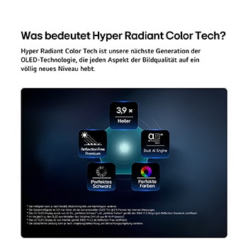 Der LG OLED evo AI W6 Wallpaper TV, ausgestattet mit Hyper Radiant Color Tech, bietet eine 3,9-mal hellere Bilddarstellung dank alpha 11 Gen3 4K AI-Prozessor mit Dual AI Engine, Reflection Free Premium sowie den Emblemen „Perfektes Schwarz“ und „Perfekte Farbe“ in einem fünfeckigen Layout.