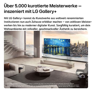 Der LG OLED evo AI W6 Wallpaper TV mit vielfältigen Kunstinhalten aus LG Gallery+ zeigt Vincent van Goghs „Sternennacht“ auf dem Bildschirm in einem Wohnzimmer mit raumhohen Fenstern und wertet das Interieur mit kuratierten Kunstwerken im Galerie-Stil auf.