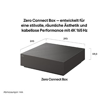 Die Zero Connect Box des LG OLED evo AI W6 Wallpaper TV verfügt über ein kompaktes rechteckiges Design mit den Maßen 245 x 245 mm und einer Höhe von 69,8 mm. Sie ermöglicht eine übersichtliche kabellose TV-Installation, die nun um 35 % kleiner ist als zuvor.