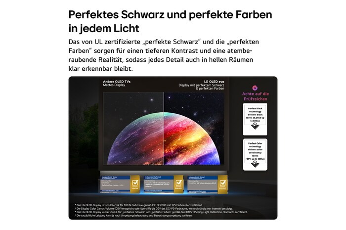 Der LG OLED evo AI W6 Wallpaper TV zeigt einen geteilten Bildschirm mit Planeten und Sternen und einer Gegenüberstellung eines matten Anti-glare-Displays und der eines mit perfektem Schwarz und perfekten Farben, die bei jedem Licht eine klarere Bildqualität bietet. Unterstützt wird sie durch UL- und Intertek-Zertifizierungen für Farbgenauigkeit und Reflexionsfreiheit.