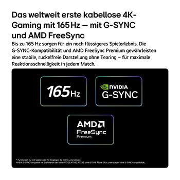 Der LG OLED evo AI W6 Wallpaper TV für unschlagbares Gameplay in 4K 165 Hz zeigt ein Highspeed-Rennspiel mit einem gelben offenen Rennwagen in Bewegung, einen auffälligen „WIN“-Schriftzug auf dem Bildschirm sowie NVIDIA G-SYNC- und AMD FreeSync Premium-Logos oben auf dem Bildschirm.