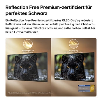 Der LG OLED evo AI W6 Wallpaper TV mit Reflection Free Premium wird im direkten Vergleich mit einem blendfreien, matten Display gezeigt. Dabei bleibt das Bild des schwarzen Jaguars klar, mit tiefen Schwarztönen und feiner Textur, insbesondere in hellen Umgebungen. Das Gerät verfügt über eine Intertek-Zertifizierungskennzeichnung.