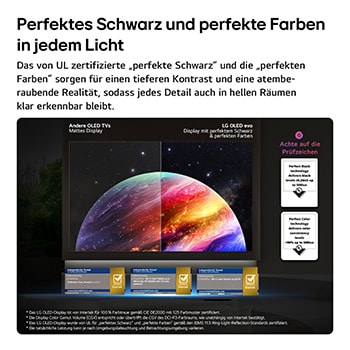 Der LG OLED evo AI W6 Wallpaper TV zeigt einen geteilten Bildschirm mit Planeten und Sternen und einer Gegenüberstellung eines matten Anti-glare-Displays und der eines mit perfektem Schwarz und perfekten Farben, die bei jedem Licht eine klarere Bildqualität bietet. Unterstützt wird sie durch UL- und Intertek-Zertifizierungen für Farbgenauigkeit und Reflexionsfreiheit.