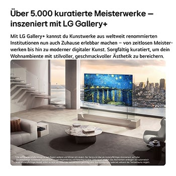 Der LG OLED evo AI W6 Wallpaper TV mit vielfältigen Kunstinhalten aus LG Gallery+ zeigt Vincent van Goghs „Sternennacht“ auf dem Bildschirm in einem Wohnzimmer mit raumhohen Fenstern und wertet das Interieur mit kuratierten Kunstwerken im Galerie-Stil auf.